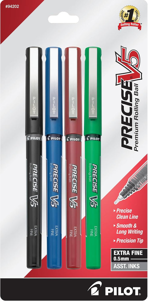 Pilot, Precise V5, Capped Liquid Ink Rolling Ball Pens, Extra Fine Point 0.5 mm, Black/Blue/Red/Green, Pack of 4...