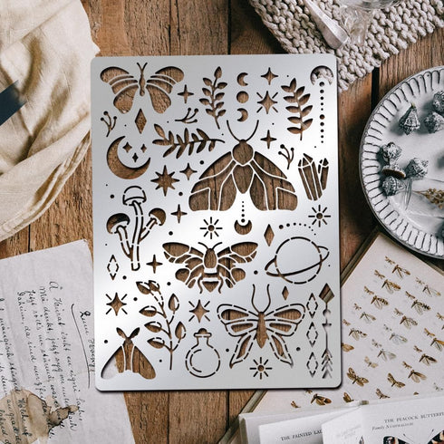 BENECREAT Magical Moths Stencil, Butterfly Mushroom Leaf Templates Stencil for Engraving Wood and Patterns, Lettering, Stainless Steel Journal Ste...