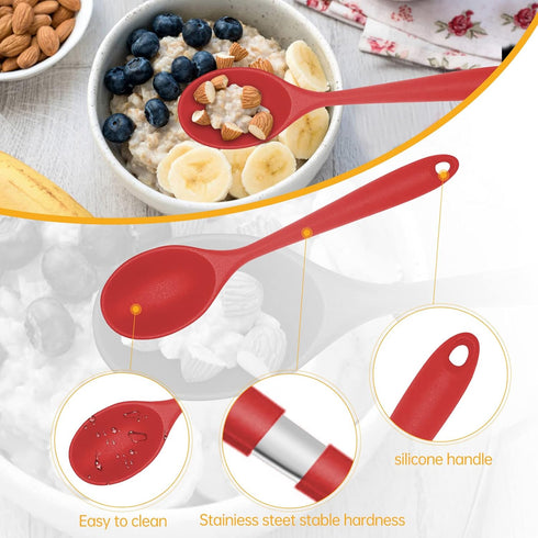 2 Pcs Silicone Nonstick Mixing Spoon, Silicone Spoons for Cooking Heat Resistant, Cooking Utensil for Kitchen Cooking Baking Stirring Serving (Red...