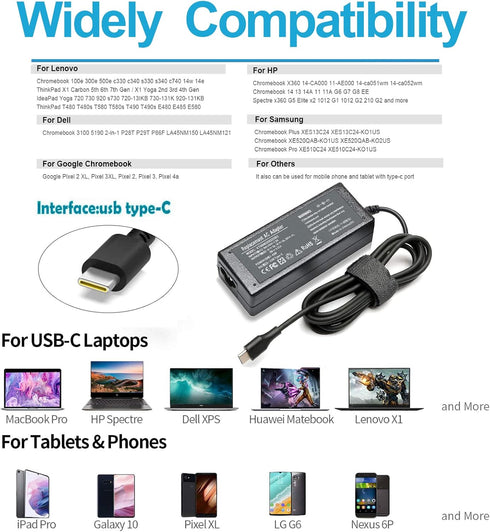 45W USB-C AC Charger for Lenovo Chromebook Charger C330 300e 100e 500e S330 ThinkPad E14 E15 L13 L14 L15 14S T14 T14S T15 X13 X1 Carbon T480 T580s...