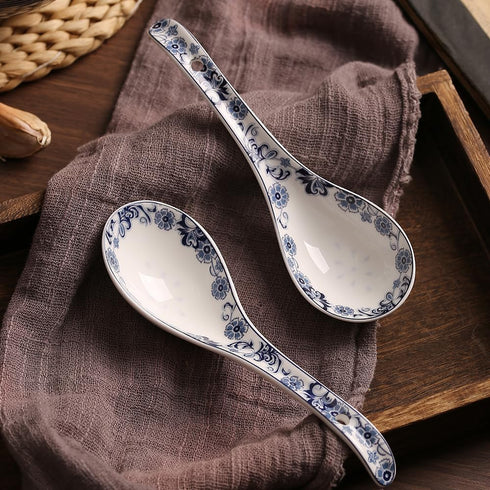 6.75-inch Navy Blue Floral Soup Spoon Set of 4, Porcelain...