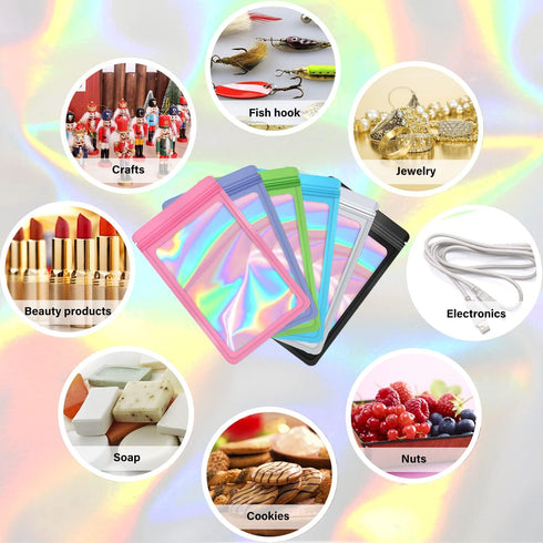 100-pack 2×2 inch mylar bags with clear window holographic resealable sealable packaging zip bag for small bussiness jewelry candy sample food pac...