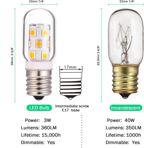 LED Appliance Microwave Light Bulb Over Stove Replacement 40W Incandescent for Refrigerator, Under Range Hood E17 Intermediate Base 3W 360lm dimma...