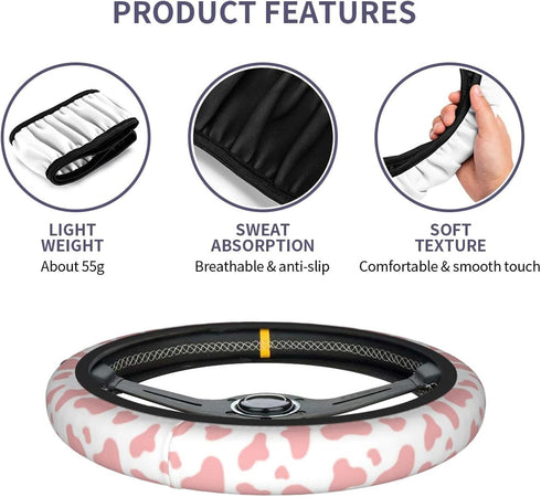 Pink Cow Print Steering Wheel Cover for Women Men with 2 Pcs Car Coasters, Universal 14.5-15 Inch Rainbow Steering Wheel Covers Non-Slip Car Acces...