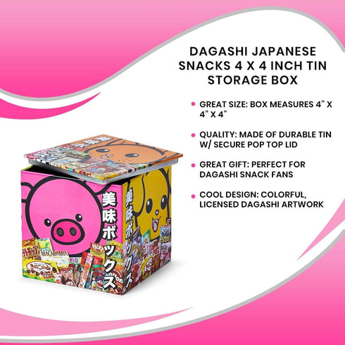 Dagashi Japanese Anime Otaku Snacks Tin Storage Box - 4x4-Inch Metal Novelty Stash Container With Pop Top Lid - Decorative Organizer Holder Cube C...