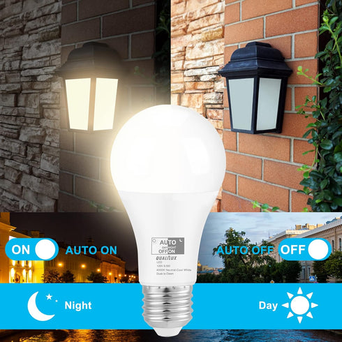 Dusk to Dawn Light Bulbs 4000K Cool White (Neutral White), 850LM, 60W Equivalent, LED 9.5W, A19, E26 Base, 2-Pack, HQ-H013...