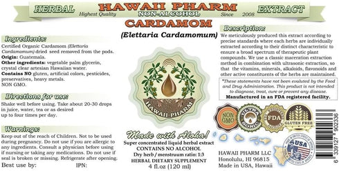 Cardamom Alcohol-Free Liquid Extract, Organic Cardamom (Elettaria cardamomum) Dried Seed Glycerite Hawaii Pharm Natural Herbal Supplement 2 oz...