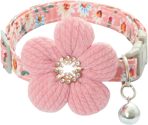 Small Dog Collar with Flower, Puppy Collar for Girl Dog Collars for Small Dogs Cute Dog Collar with Bell, Adjustable Length (Pink)...