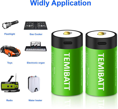 Rechargeable D Batteries, 2-Pack 1.5 Volt 12000mWh Li-ion D Battery for Household and Office Devices...