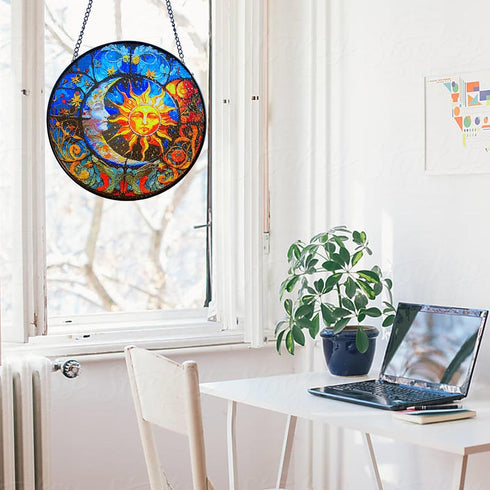 Stained Glass Suncatcher, 8'' Sun and Moon Face Hand-Painted Suncatcher for Window Stained Glass Window Hanging Birthday Gift for Mom Memorial Gif...
