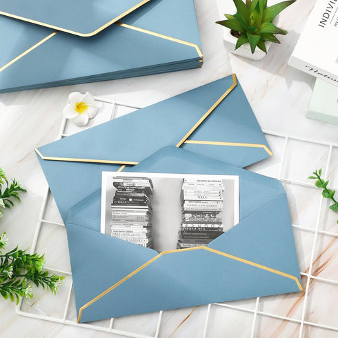 Whaline 50Pcs Business Envelopes with Gold Border Dusty Blue Mailing Envelopes V-Flap Envelopes for Invitations Mailing Letters Checks Sending Car...