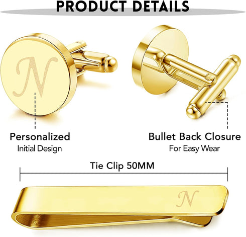 Florideco Cufflinks for Men Gold Initial Cufflinks Personalized Cuff Links and Tie Bar Letter Alphabet A-Z Gift with Box for Business Wedding Groo...