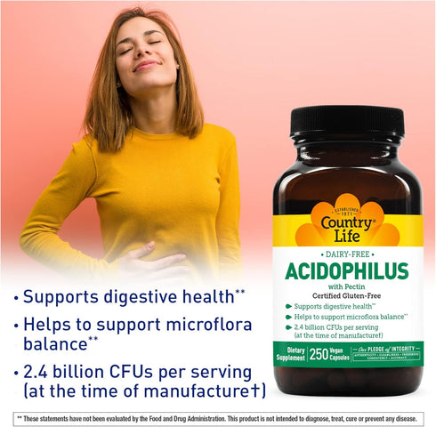 Country Life Dairy-Free Acidophilus with Pectin, 2.4 Billion CFUs, 250 Vegan Capsules, Certified Gluten Free, Certified Vegan...