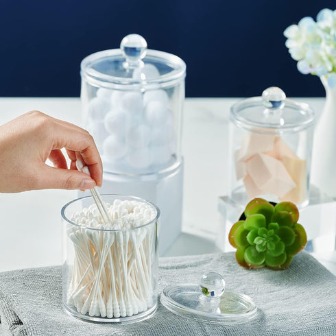 SheeChung 6 Pack Qtip Dispenser Apothecary Jars Bathroom with Labels - Qtip Holder Storage Canister Clear Plastic Acrylic Jar for Cotton Ball, Swa...