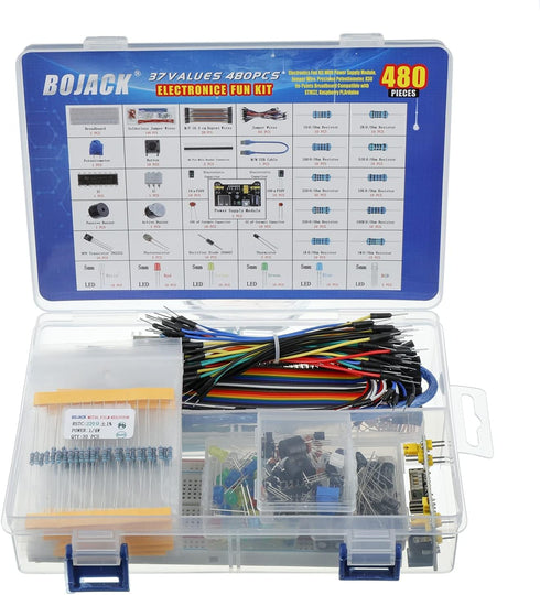 BOJACK 37 Values 480 Pcs Electronics Component Fun Kit with Power Supply Module, Jumper Wire,Precision Potentiometer,830 tie-Points Breadboard Com...