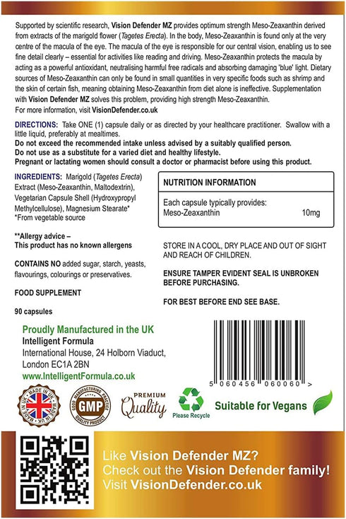 Vision Defender Meso Zeaxanthin Vegan Eye Supplement MZ- Protect and Improve Ocular Health & Eye Care, High Strength Antioxidant Carotenoid Meso-Z...