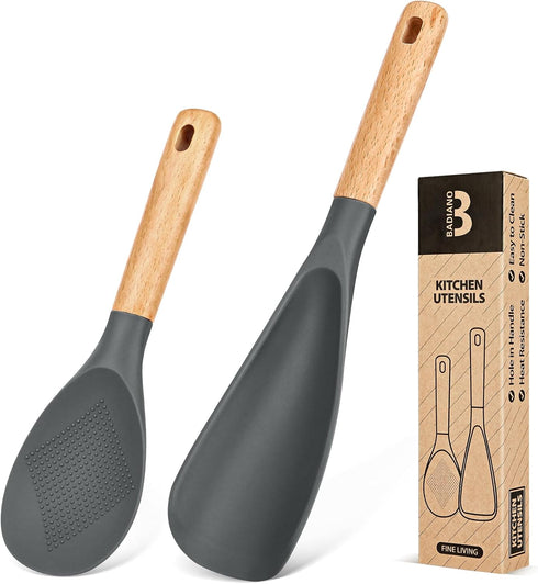 Cooking Spoon and Rice Scooper for Nonstick Cookwares, Great for Cooking and Serving Durable BPA-Free Matte Silicone, Wood Handle Spoon for Mixing...