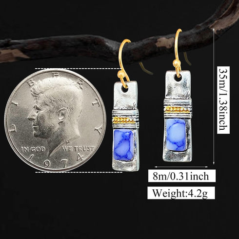 Unique Handmade Bohemian Enamel Vintage Matt Silver Bar Dangle Earrings Chic Round Blue Gemstone Geometric Square Drop Earrings for Women Statemen...