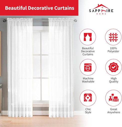 Sapphire Home White Sheer Curtains - 84 Inches Length, 2 Panels Set Sheer Drapes, Light Filtering Textured Window Curtain for Living Room, Bedroom...