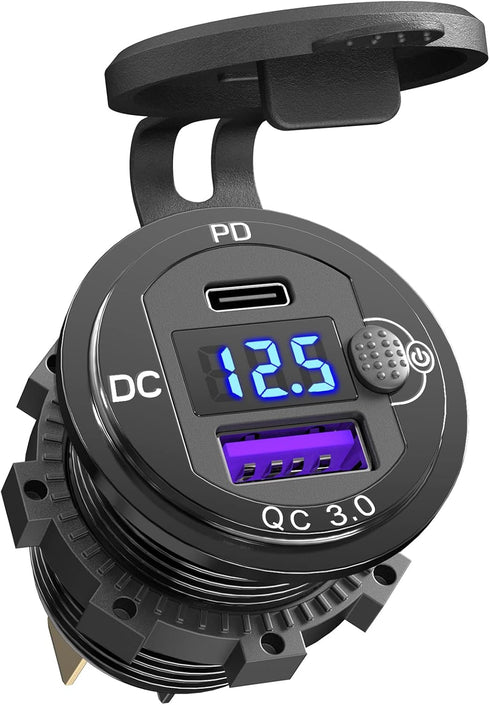 12V USB Outlet Qidoe 38W Dual USB Quick Charge 3.0 with Voltmeter Switch Aluminum Car Charger for Marine Car Truck Motorcycle Boat......