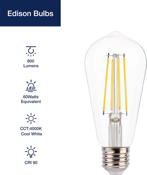 FLSNT 7W LED Edison Bulbs, 60W Equivalent, 90+ High CRI, 4000K Cool White, ST19 LED Light Bulbs, 800LM, E26 Base, Dimmable, 6 Pack...