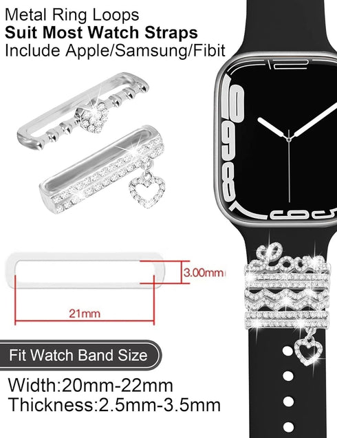 JR.DM 11-Pcs Super Bling Watch Charms with 9-Pcs Decorative Rings Loops 2-Pcs Decoration, Compatible with Apple Watch Band Metal Diamond Sliding A...