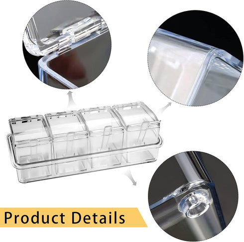 4-Cell Clear Seasoning Rack Spice Box, Storage Container Condiment Jars Acrylic Seasoning Box with Cover and Spoon (Basic Clear)...