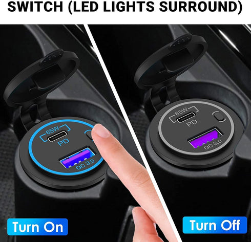 83W USB C Car Charger Socket 12V/24V Multiple USB Outlet with Power Switch, 65W PD3.0& QC3.0 Fast Charge Car USB Port Socket for Car Boat Marine T...