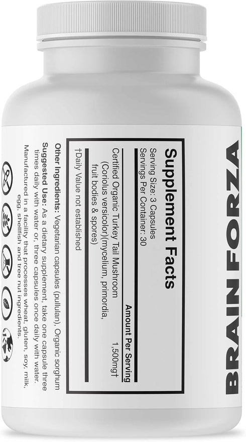 Brain Forza Organic Turkey Tail Mushroom Capsules, Mushroom Powdered Immune Support, Liver and Digest Health Support, Organic Defense Support, Non...