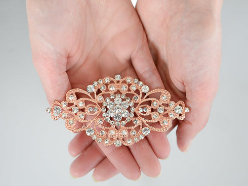 Mariell Vintage Bridal Crystal Brooch Pin, 4" Wide, Rose Gold Wedding Pin, Rhinestone Brooch for Brides and Wedding, Art Deco Fashion Accessory...