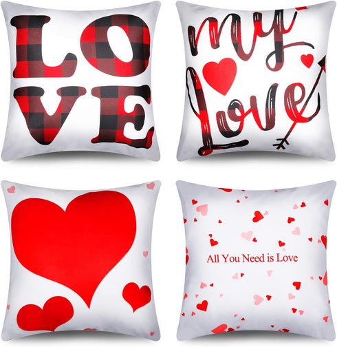 Set of 4 Valentine Throw Pillow Cases 18x18 Inch Romantic Red Heart and Love Cushion Covers for Anniversary Wedding Bedroom Living Room Sofa Couch...