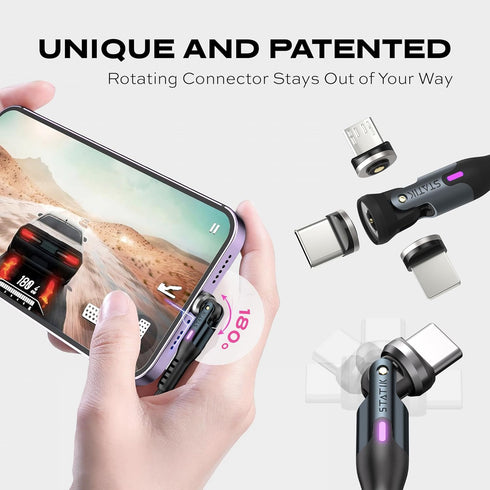 Statik 360 Rotating Magnetic Charging Cable - Magnetic USB C Charging Cable, 3 Magnet Tips for Magnetic Charger Cable, iProduct, Micro-USB, USB-A ...