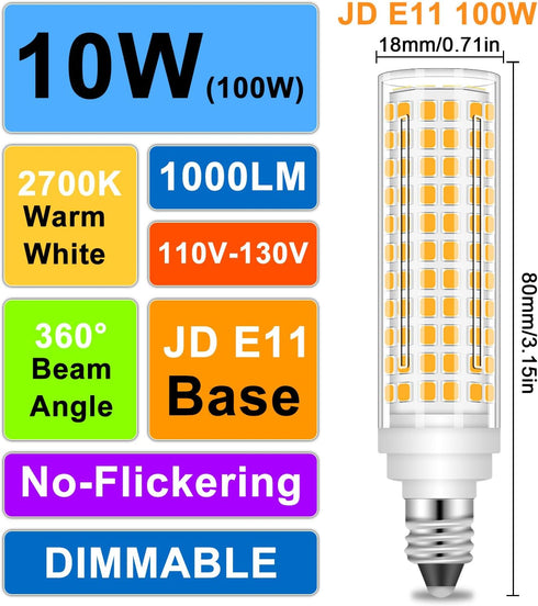 JD E11 LED Bulb Dimmable, E11 120V 100W Halogen Equivalent, T3/T4 Mini Candelabra Base, 10W 1000 LM E11 Bulbs for Ceiling Fans, Chandeliers, Cabin...