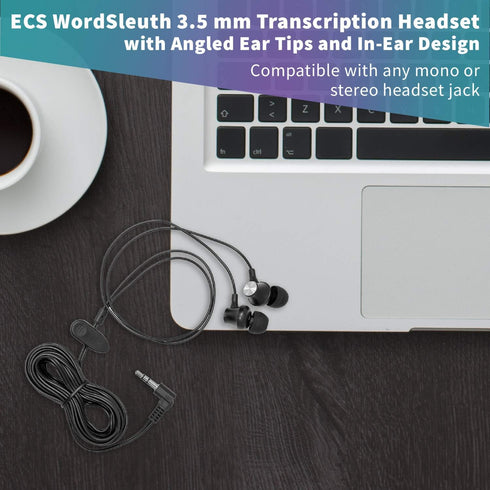 WordSleuth in-Ear Transcription 3.5mm Earbud Headset, Noise Reduction, Antimicrobial, Angled Silicone Ear Tips, Ultra Comfort & Clarity, 10-foot c...