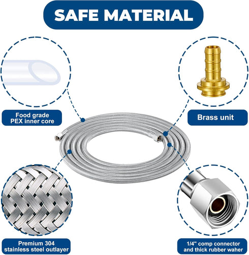 Stainless Steel Refrigerator Water Line - 10 FT PEX Inner Hose Ice Maker Water line,Food Grade Fridge Water Hose with 1/4 Inch Compression Connect...