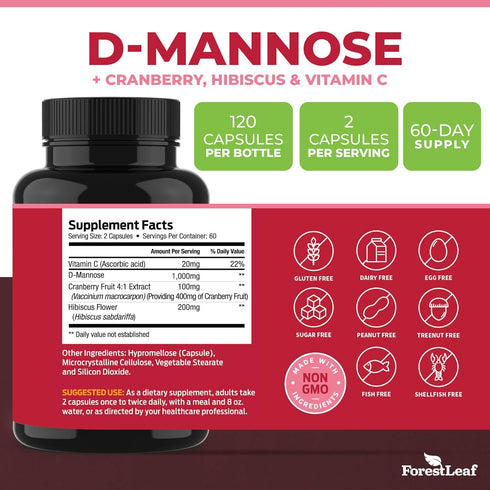 ForestLeaf D Mannose 1000mg Capsules - D-Mannose with Cranberry, Hibiscus & VIT C, Urinary Tract Health for Women and Men, DMannose Pills for UTI,...