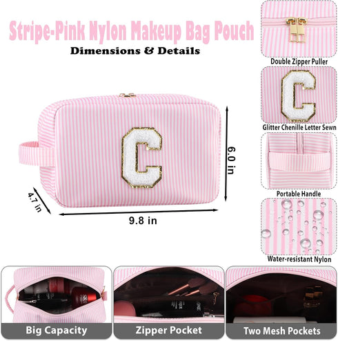 Makeup Bag Set 2pcs Spring Break Essentials Monogram Initial Cosmetic Bag Set Womens Toiletry Bag Nylon Skincare Bag With Portable Handle and Pock...
