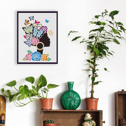 FINGERINSPIRE Woman Stencils 11.7x8.3 inch Plastic Woman Face Silhouette Stencil Flower Girl Rose Butterfly Stencils Reusable Girl Face Stencils f...