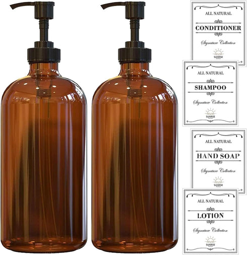 16 OZ Thick Amber Glass Soap Dispenser with Plastic Pump 2 Pack, Hand and Dish Soap Dispenser Set for Bathroom with 6 Waterproof Labels...