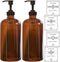 16 OZ Thick Amber Glass Soap Dispenser with Plastic Pump 2 Pack, Hand and Dish Soap Dispenser Set for Bathroom with 6 Waterproof Labels...