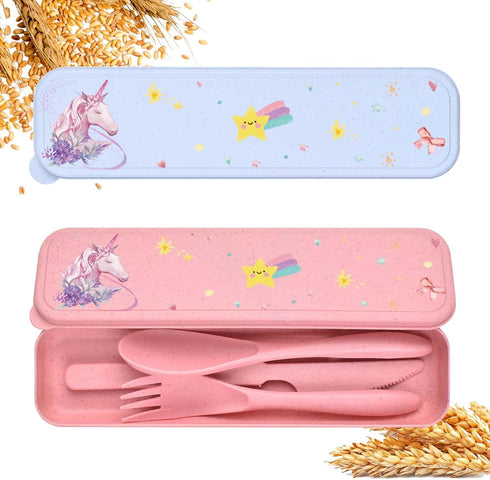Travel Cutlery Set with Case, Lovely Unicorn Wheat Straw Portable Knife Fork and Spoon Set, Eco-Friendly Reusable Utensils for Lunch Box, Travel, ...
