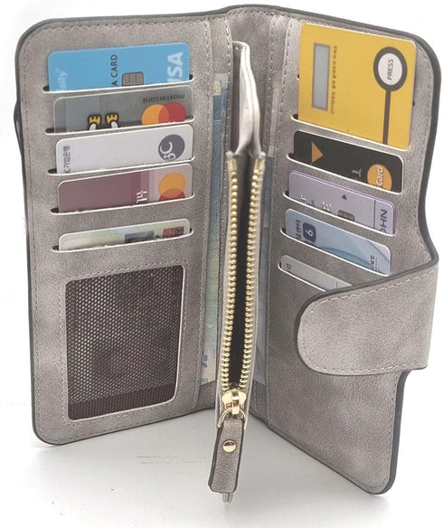 Soft PU Leather Trifold Women's Fashion Wallets Card, Coin Organizer Buckle Opening Lady Clutch (Gray)...
