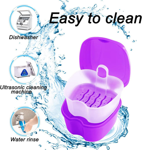 2 Pack Denture Case Dental Mouthguard Case, Denture Bath Box Cleaning with Brush, Strainer Basket and Lid Waterproof - Purple and Blue...