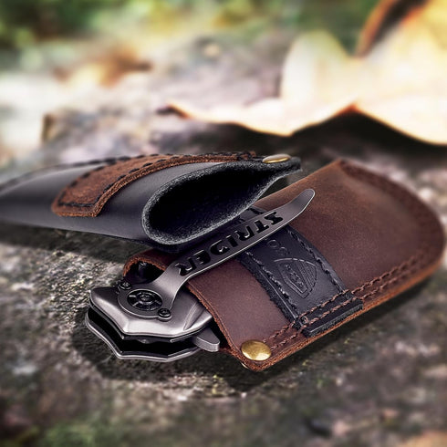 Leather Belt Knife Sheath, (Color Clash Series) Knife Holster, Pocket Knife Sheath, EDC Leather Sheath for Folding Knife Carrier, Darkbrown...