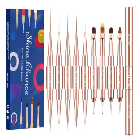 9Pcs Nail Art Brushes Set, Professional Double-Ended Acrylic Liner Detail Brushes for Gel Polish Art Nail, 3D Art Nail Dotting Brush Pen for Manic...