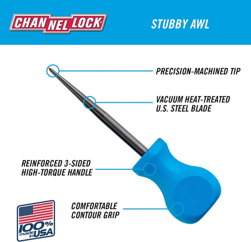 CHANNELLOCK SAW3H 3-inch Professional Scratch Awl Pick, Precision Machined Non-Magnetic, Made in USA, Molded Tri-Lobe Grip...