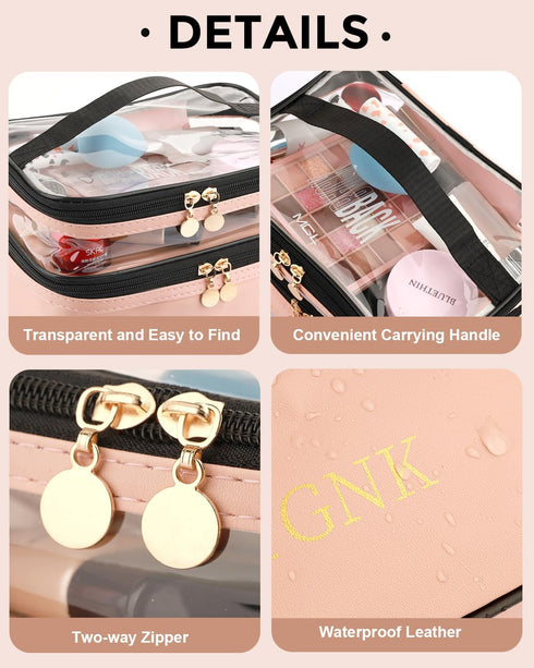 Cosmetic Bags for Women Clear Leather Double Layer Makeup Bag - Large Travel Skincare Bag For Travel Organizer Toiletry Bag - Pink...