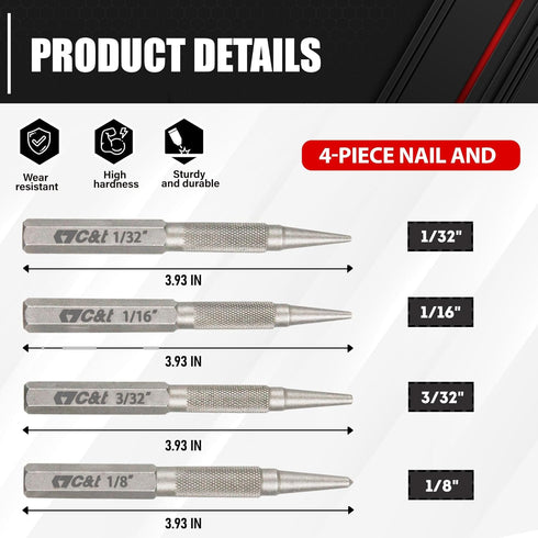 C&T 4-Piece Nail and Punch Set, 1/32, 1/16, 3/32, 1/8Inch, Nail Setter Punch & Center Punch Set, Professional woodworking and carpentry tool kit...