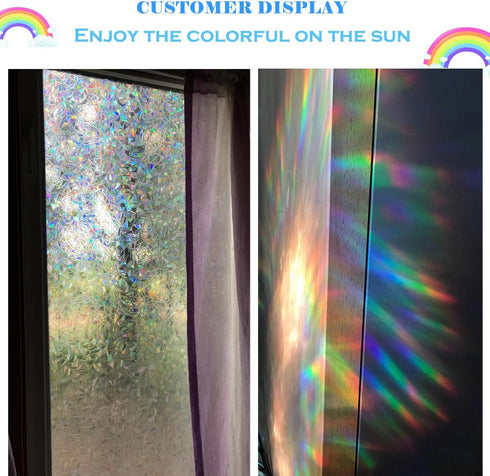 Niviy Rainbow Window Film Privacy Window Sticker Vinyl 3D Decorative Window Cling Non Adhesive Removable Window Covering for Living Room Kitchen O...
