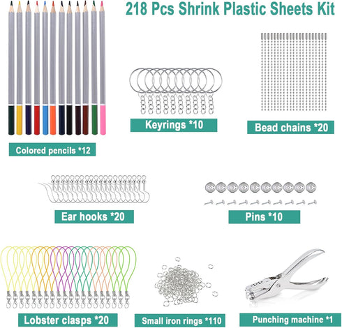 GOLDGE 218 Pcs Shrink Plastic Sheets Kit: 15 Plastic Sheets, Keychains, Hole Punch, and Pencils for Creative Crafts. Ideal for Kids and DIY Projec...